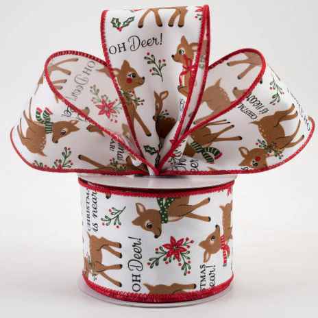 Oh Deer Christmas Poinsettias Holly Ribbon 2.5" x 10 yards