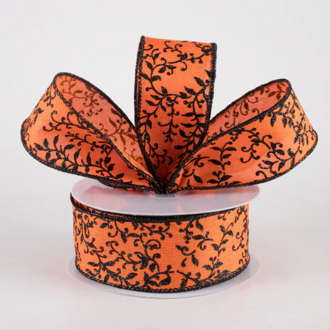 ๐ Orange and Black Glitter Mini Leaf Vines Ribbon 1.5" x 10 yards