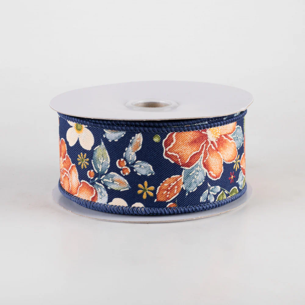 Orange and Blue Watercolor Flowers Ribbon 1.5" x 10 yards - Image 2