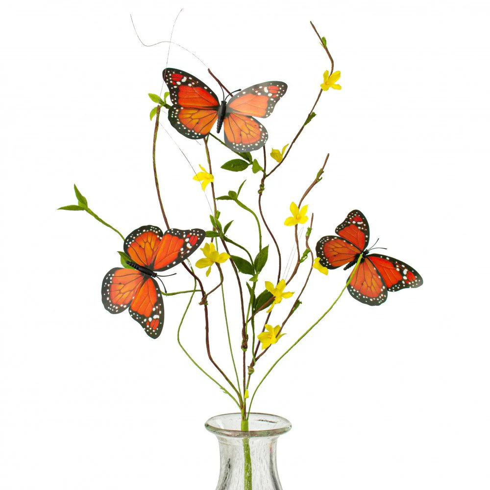 Orange Butterfly Forsythia Twig Faux Spray