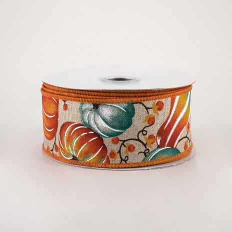 Orange & Teal Pumpkins Bittersweet on Natural Ribbon 1.5" x 10 yards - Image 2