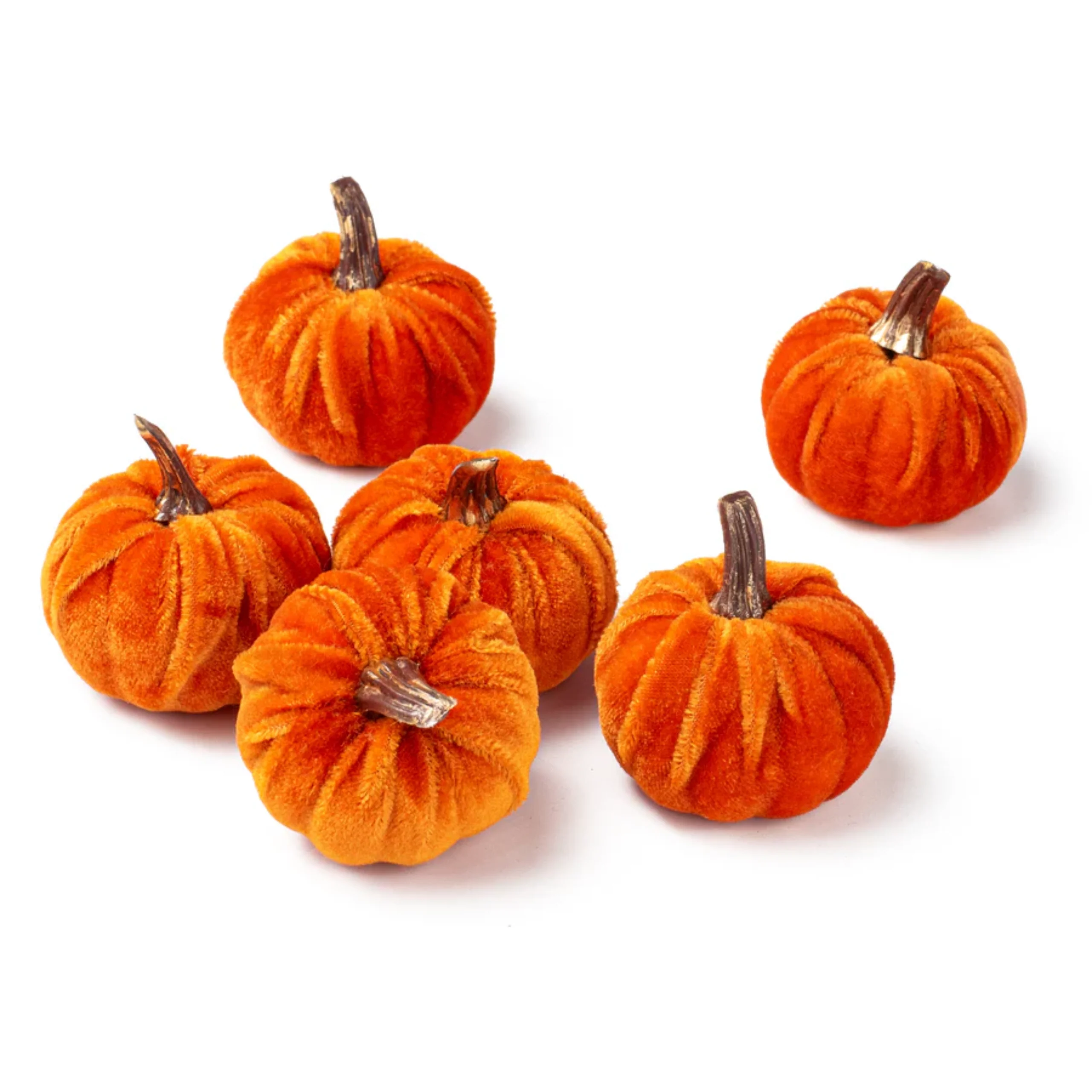 Orange Velvet Pumpkins with Gold Stems 2" pack of 6
