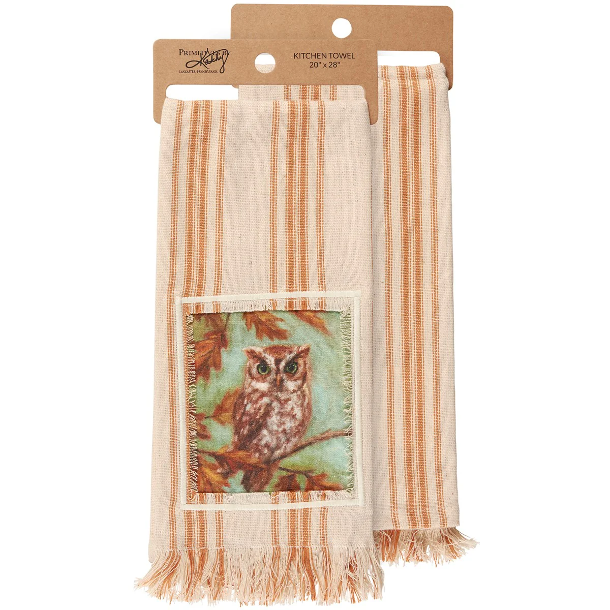 Owl With Fall Leaves Striped Kitchen Towel - Image 2