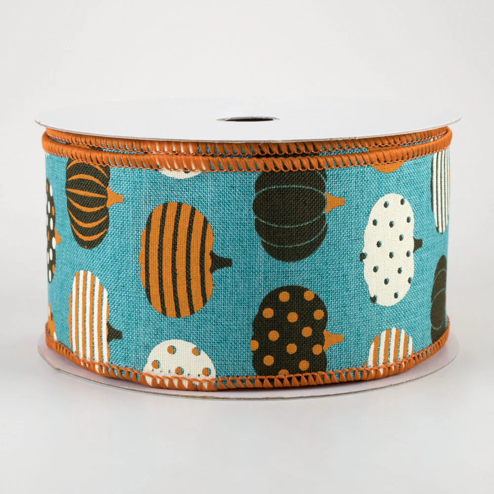Patterned Pumpkins on Light Teal Ribbon 2.5" x 10 yards