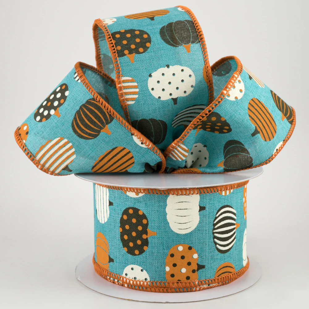 Patterned Pumpkins on Light Teal Ribbon 2.5" x 10 yards - Image 2