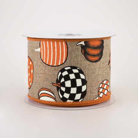 Patterned Pumpkins On Natural Linen Ribbon 2.5" x 10 yards