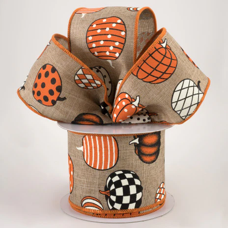 Patterned Pumpkins On Natural Linen Ribbon 2.5" x 10 yards - Image 2