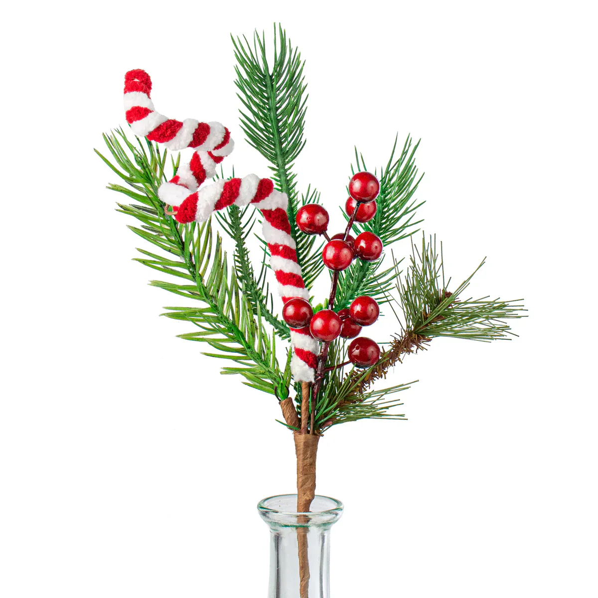 Pines with Red Berries and Chenille Spiral 12" Faux Evergreen Pick
