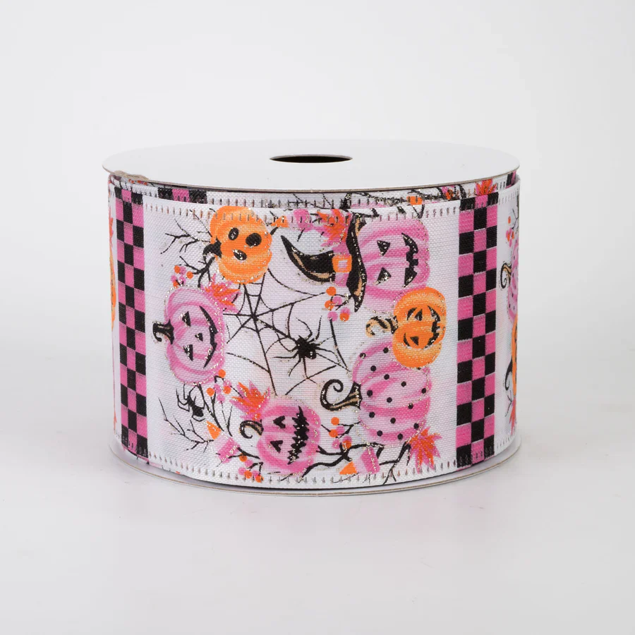 💙 Pink Halloween Pumpkins & Spiderwebs Ribbon 2.5" x 10 Yards - Image 2