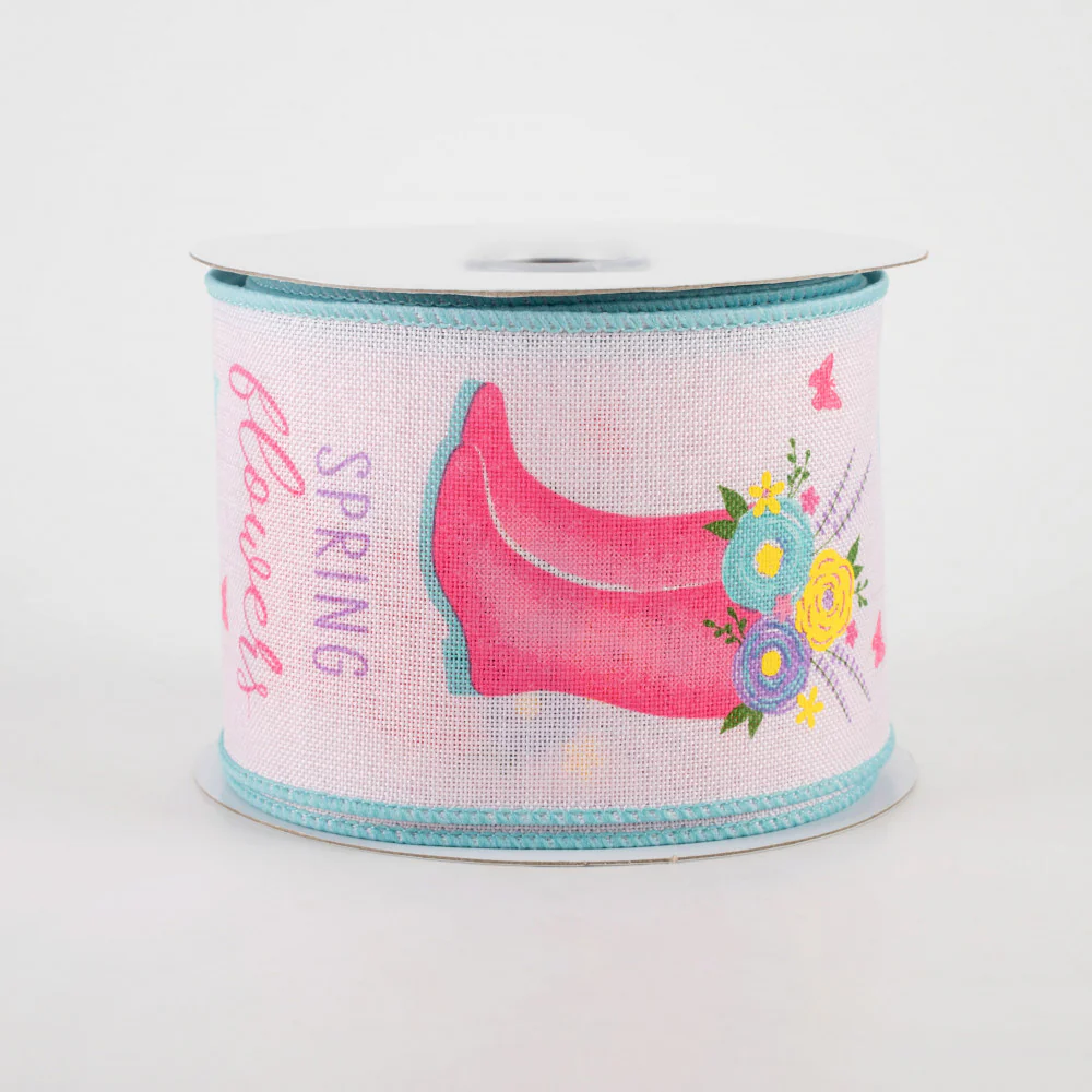 ๐ Pink Rain Boots Floral Ribbon 2.5" x 10 yards