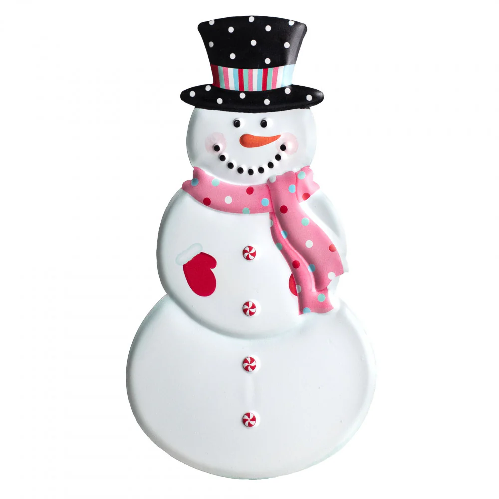 ๐ Pink Scarf Snowman 12" Metal Embossed Hanging Decor