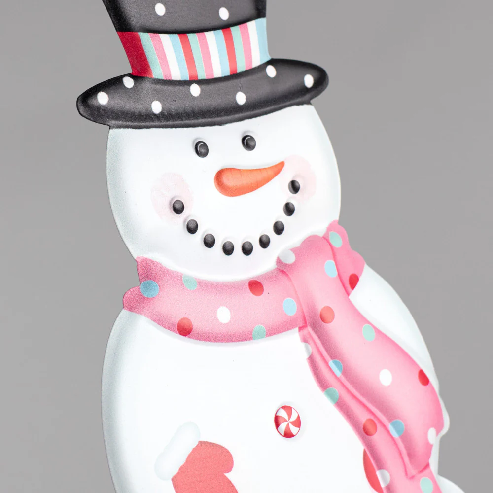 ๐ Pink Scarf Snowman 12" Metal Embossed Hanging Decor - Image 2