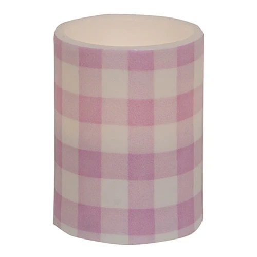 Pink & White Gingham Check 4" LED Pillar Timer Candle - Image 2
