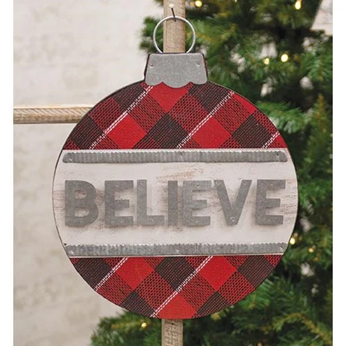 ๐ Plaid Believe Ornament Shaped Christmas Sign