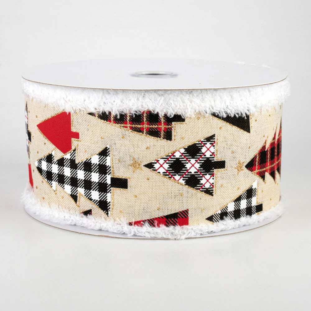 Plaid Christmas Trees Ribbon of Cream Background 2.5" x 10 yards