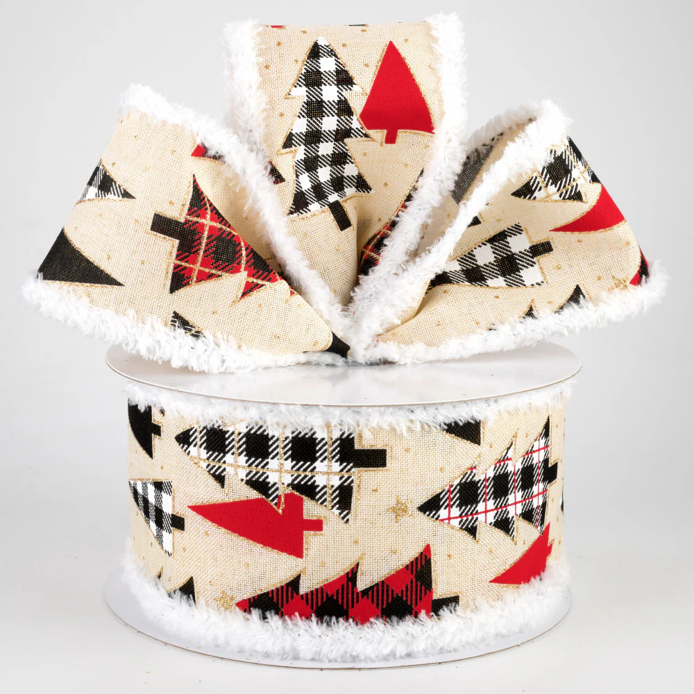 Plaid Christmas Trees Ribbon of Cream Background 2.5" x 10 yards - Image 2