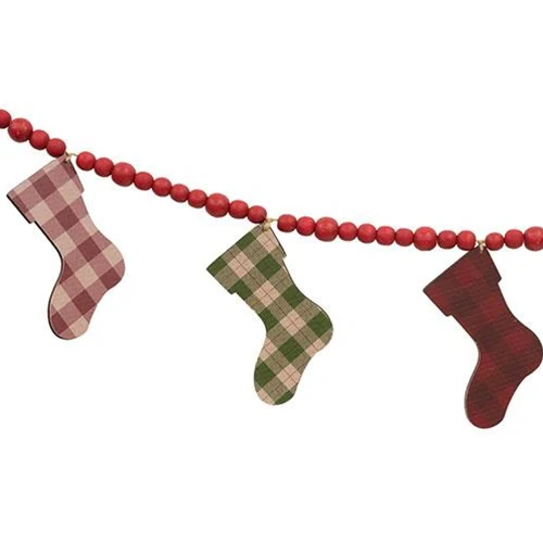 Plaid Stockings & Beads 51" Wooden Christmas Garland - Image 3