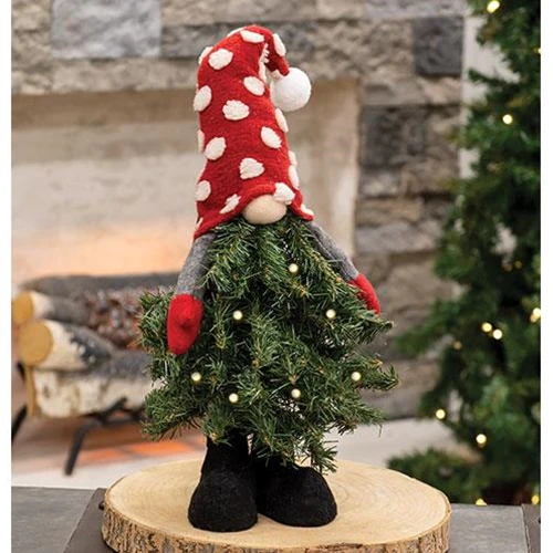 Polka Dot Christmas Tree Gnome Standing w/ LED Lights 20" H