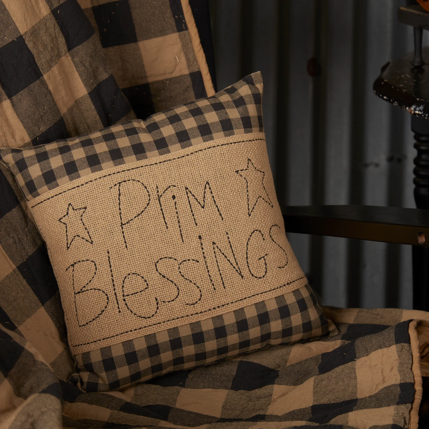 Prim Blessings Black Check 12" Accent Pillow