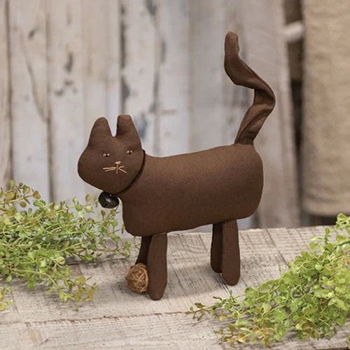 Primitive Brown Cat Fabric Figure with Yarn Ball
