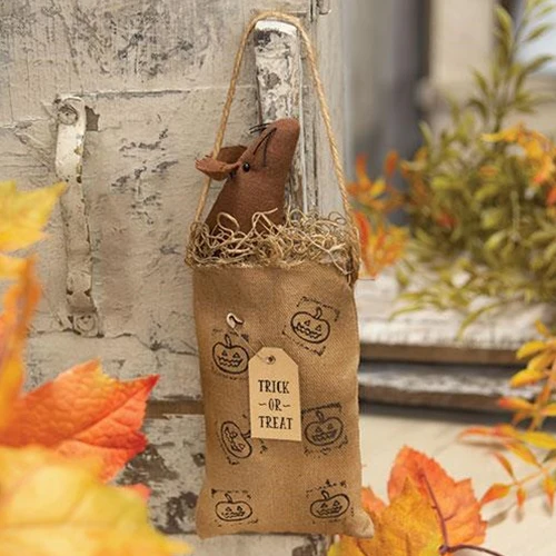 💙 Primitive Mouse in Jack O Lantern Bag Hanging - Image 2