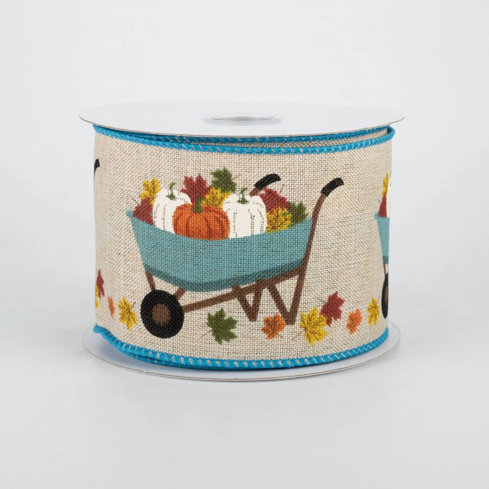 Pumpkins in a Blue Wheelbarrow Ribbon 2.5" x 10 yards