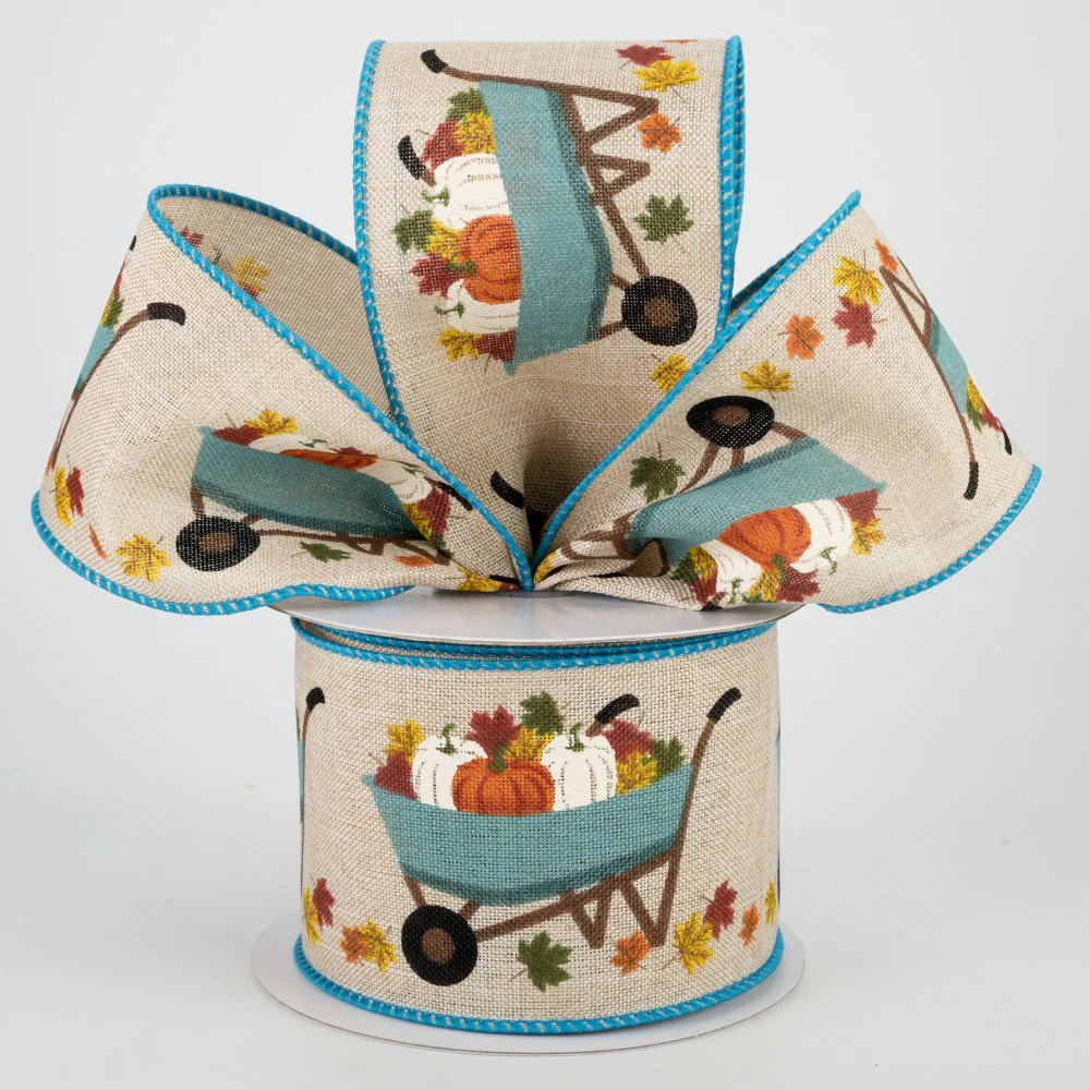 Pumpkins in a Blue Wheelbarrow Ribbon 2.5" x 10 yards - Image 2