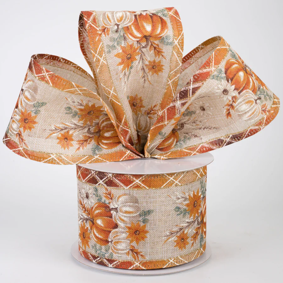 Pumpkins & Pampas Grass Plaid Edge Ribbon 2.5" x 10 Yards