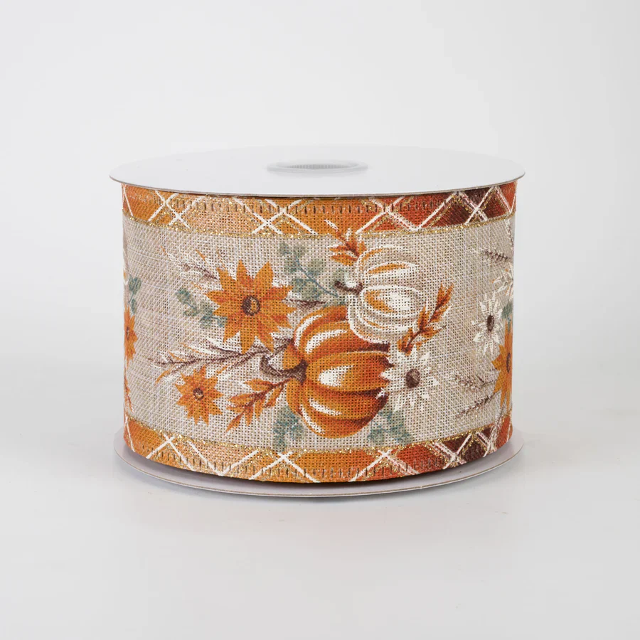 Pumpkins & Pampas Grass Plaid Edge Ribbon 2.5" x 10 Yards - Image 2