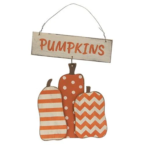 💙 Pumpkins Trio Polka Dot Stripes Chevron 11" Fall Dangler Sign