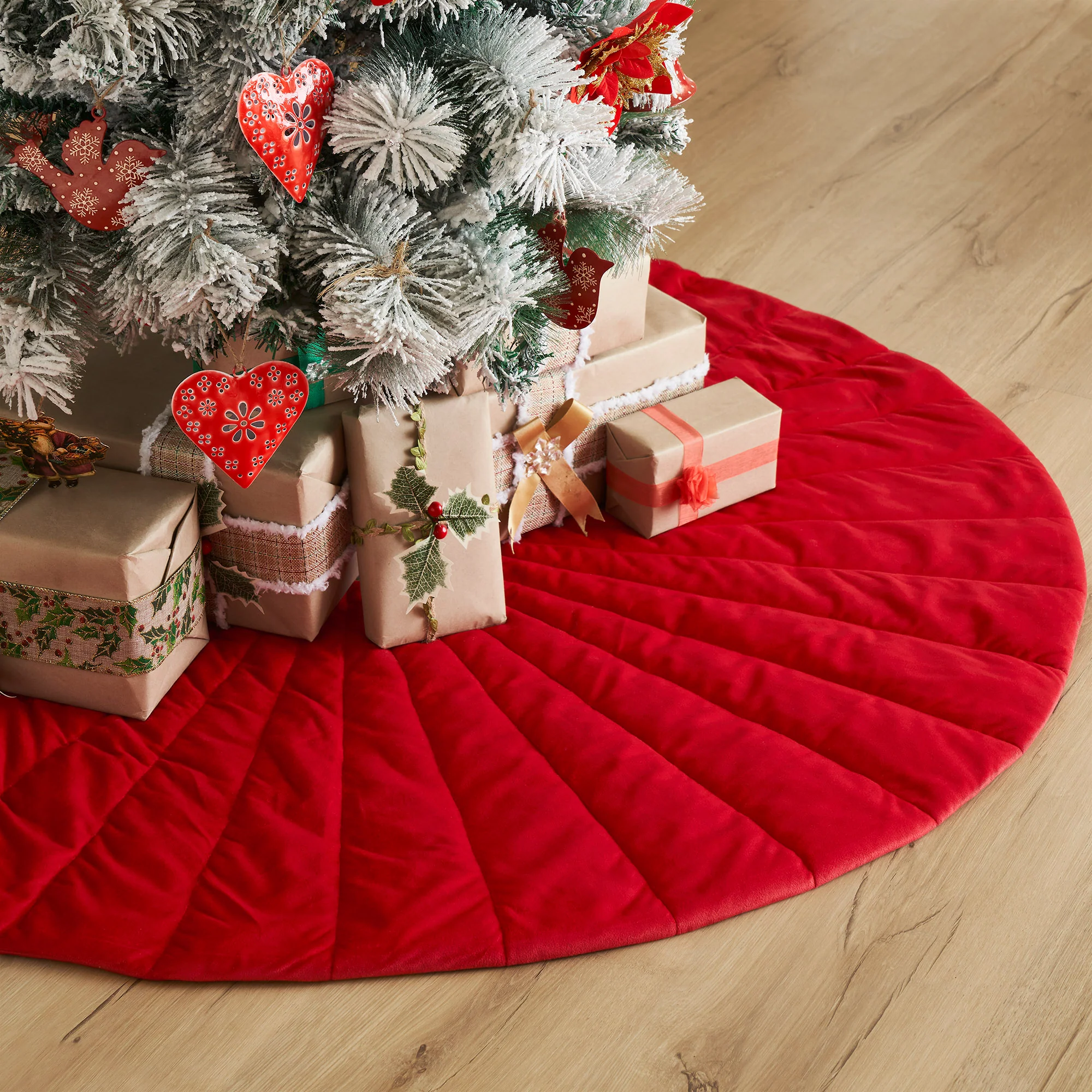 Quilted Red Velvet 48" Tree Skirt with White Bow Ties