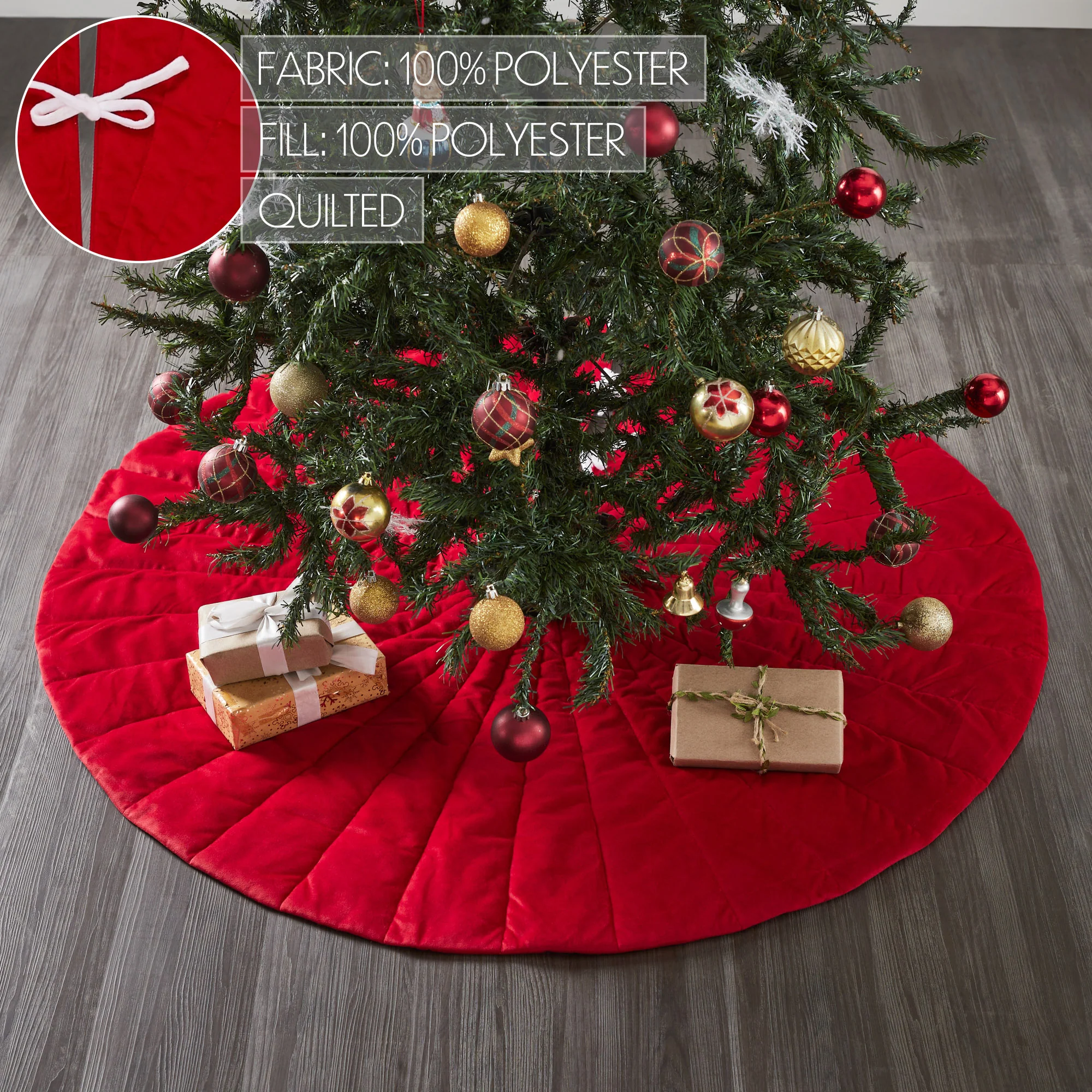 Quilted Red Velvet 48" Tree Skirt with White Bow Ties - Image 5