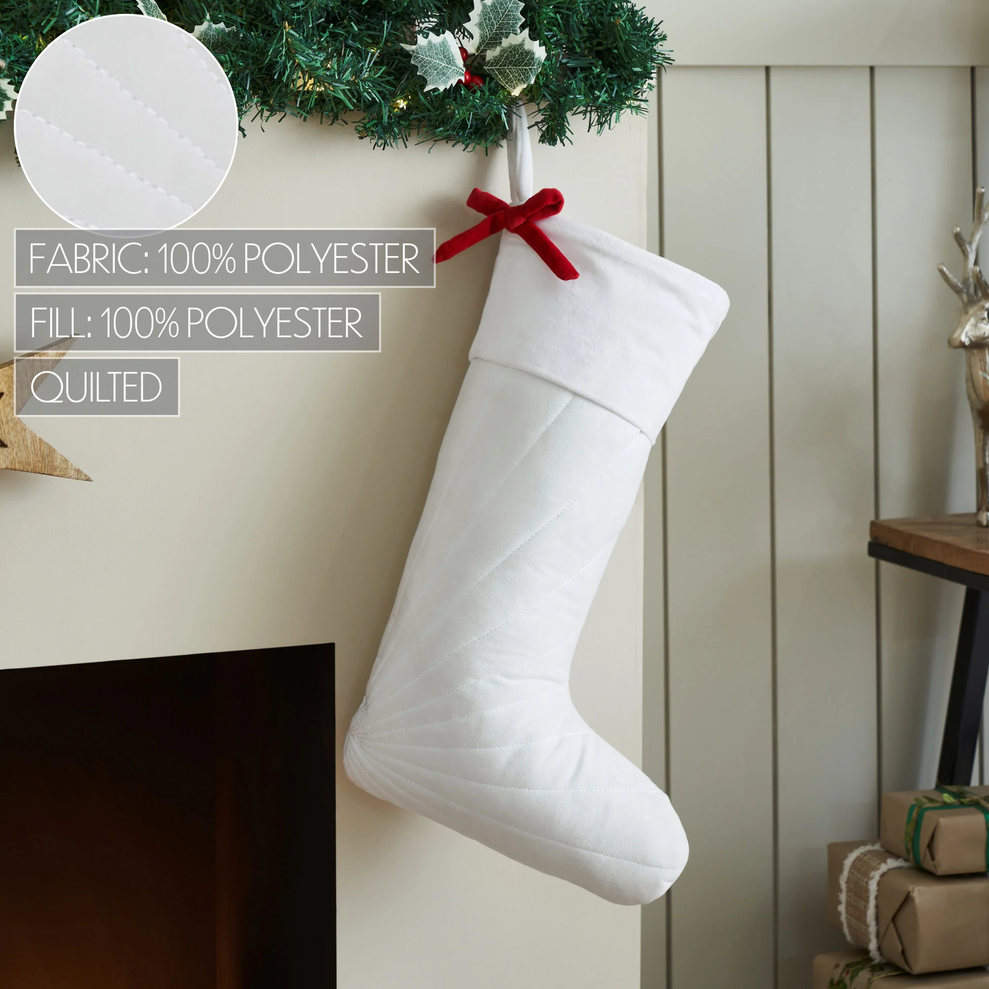 Quilted White Velvet Stocking with Red Bow - Image 5