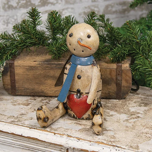 Recycled Metal Sitting Heart Belly Snowman - Image 2