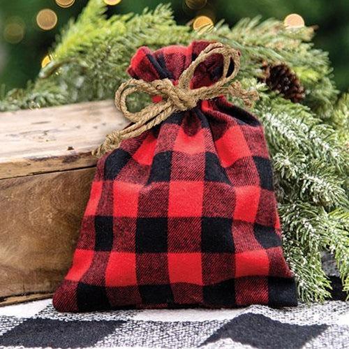 ๐ Red and Black Buffalo Check Fabric Drawstring Bag 7.5" H - Image 2