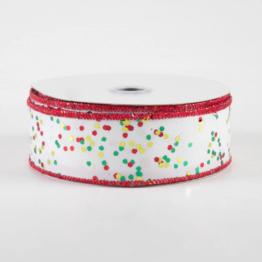 Red and Green Sprinkled Hex Glitter Ribbon 1.5" x 10 yards - Image 2