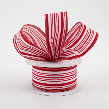Red and White Iridescent Ticking Stripes Ribbon 1.5" x 10 yards