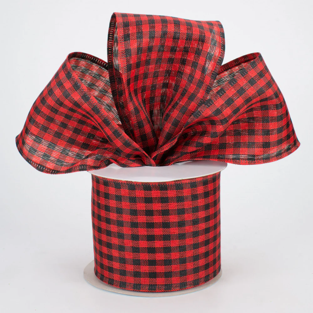Red & Black Gingham Check Wired Ribbon 2.5" x 10 Yards - Image 2