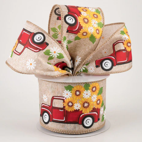 Red Truck with Sunflowers on Natural Ribbon 2.5" x 10 Yards