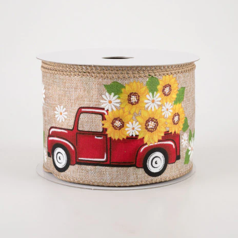 Red Truck with Sunflowers on Natural Ribbon 2.5" x 10 Yards - Image 2