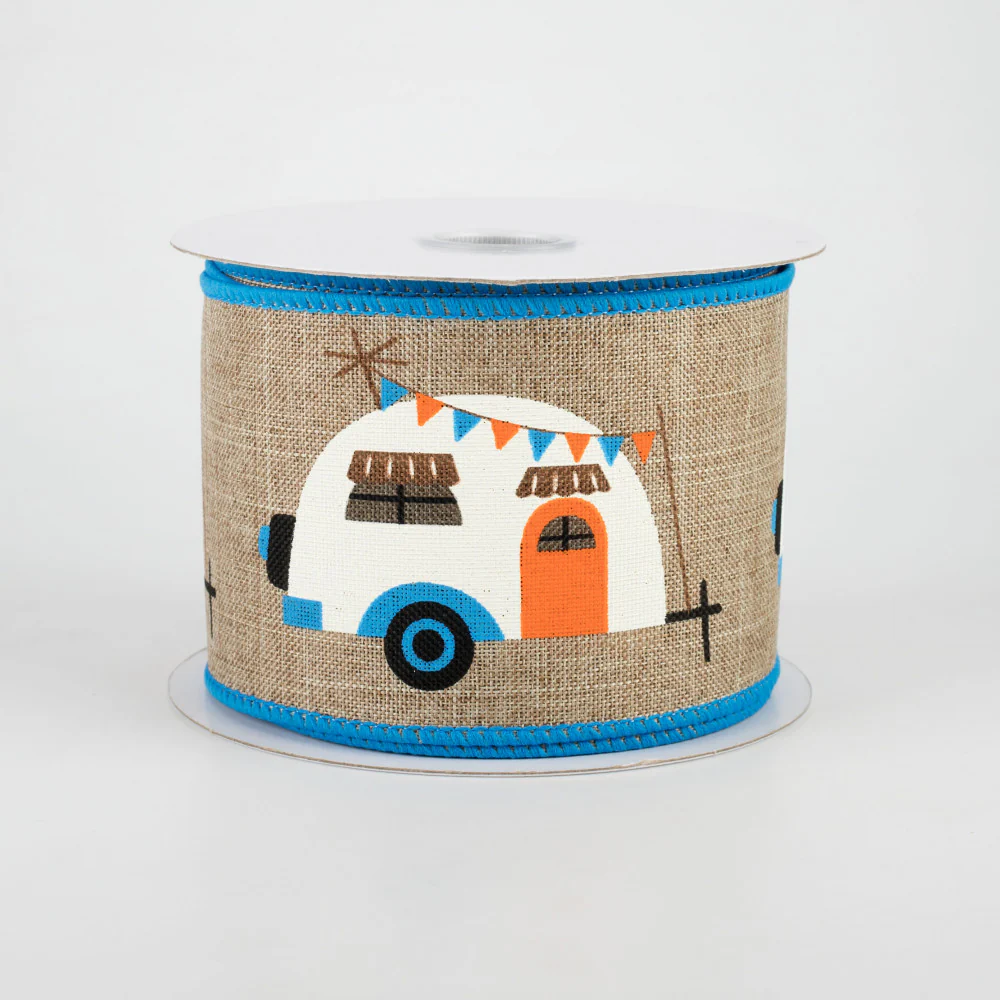 Retro Camper Ribbon, Blue & Orange on Natural 2.5" x 10 yards