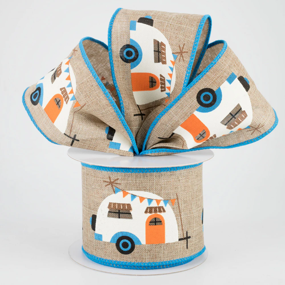Retro Camper Ribbon, Blue & Orange on Natural 2.5" x 10 yards - Image 2