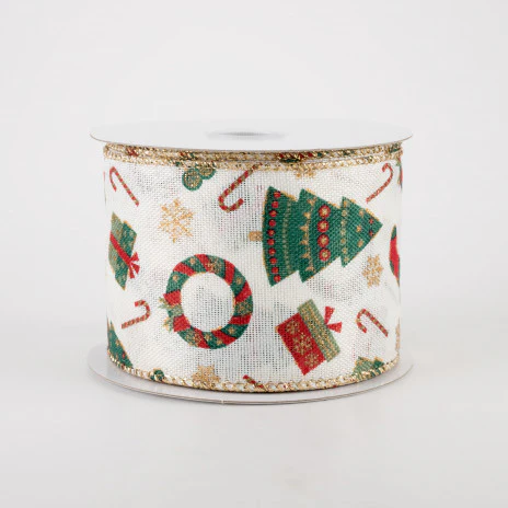 💙 Retro Christmas Icon Cream Ribbon 2.5" x 10 yards