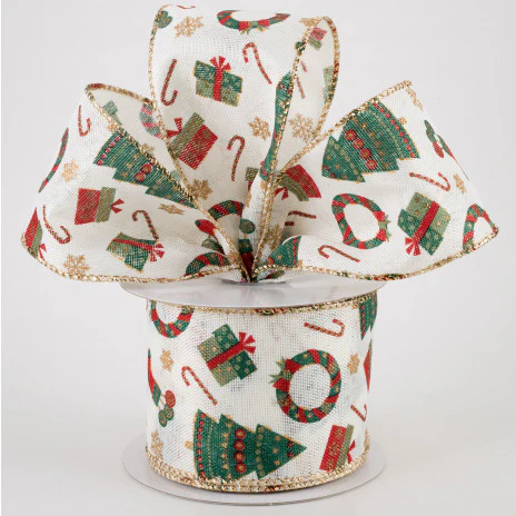💙 Retro Christmas Icon Cream Ribbon 2.5" x 10 yards - Image 2