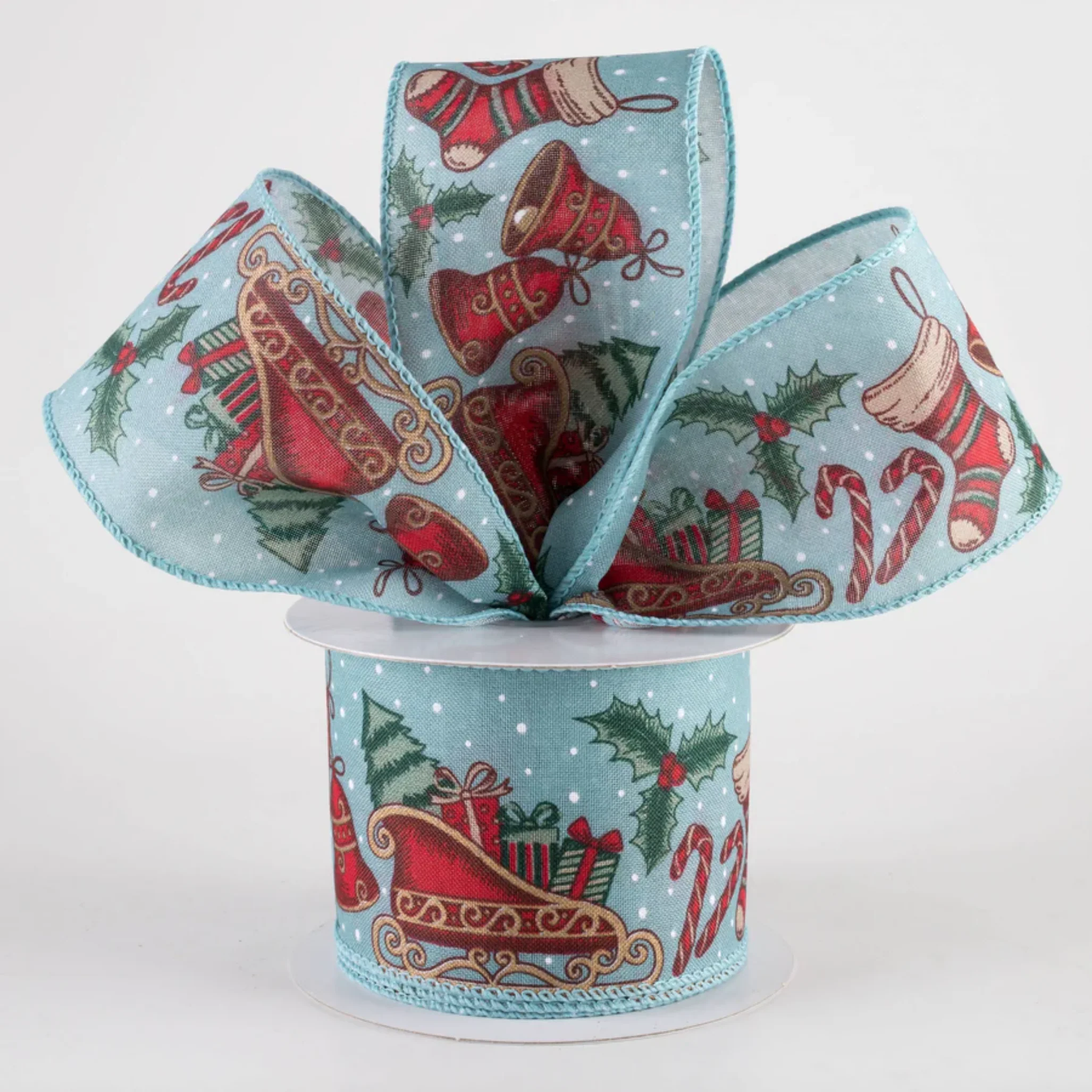 Retro Christmas Icons Dusty Blue Ribbon 2.5" x 10 Yards