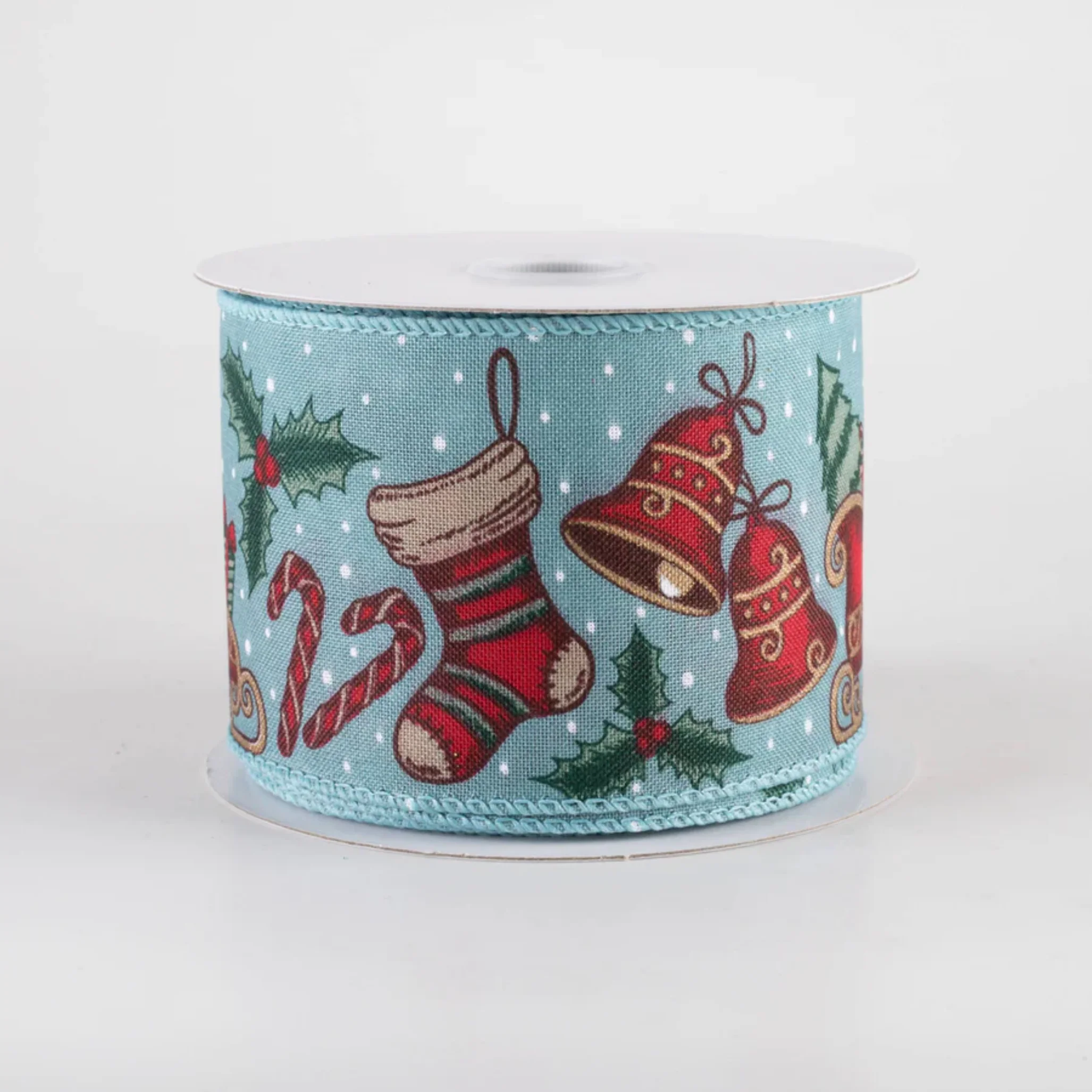Retro Christmas Icons Dusty Blue Ribbon 2.5" x 10 Yards - Image 2