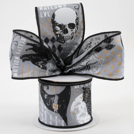 ๐ Retro Halloween Spiders Skull Witch on Grey Ribbon 2.5" x 10 yards