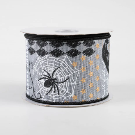 ๐ Retro Halloween Spiders Skull Witch on Grey Ribbon 2.5" x 10 yards - Image 2