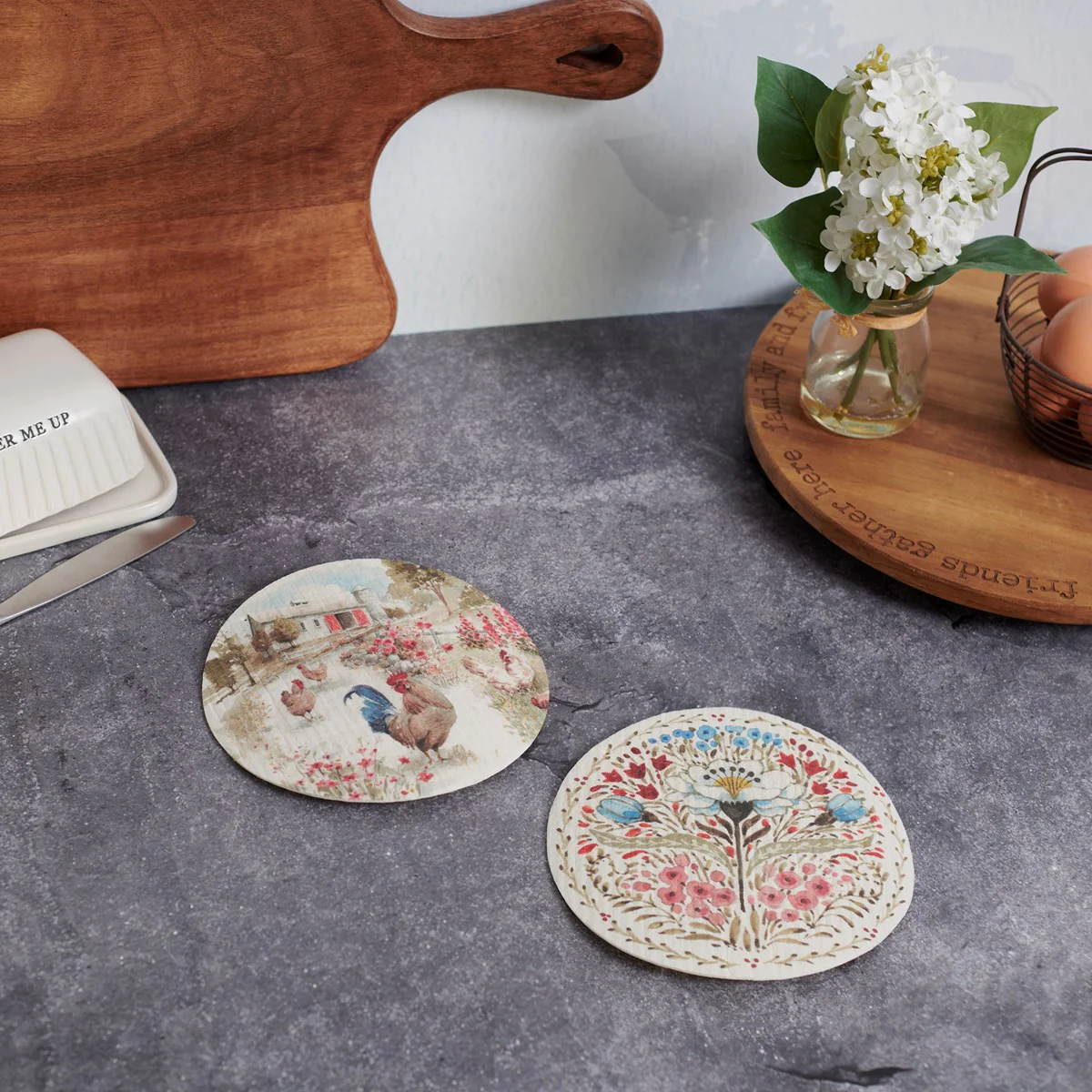 💙 Rooster and Floral Round Swedish Dishcloth Set - Image 2