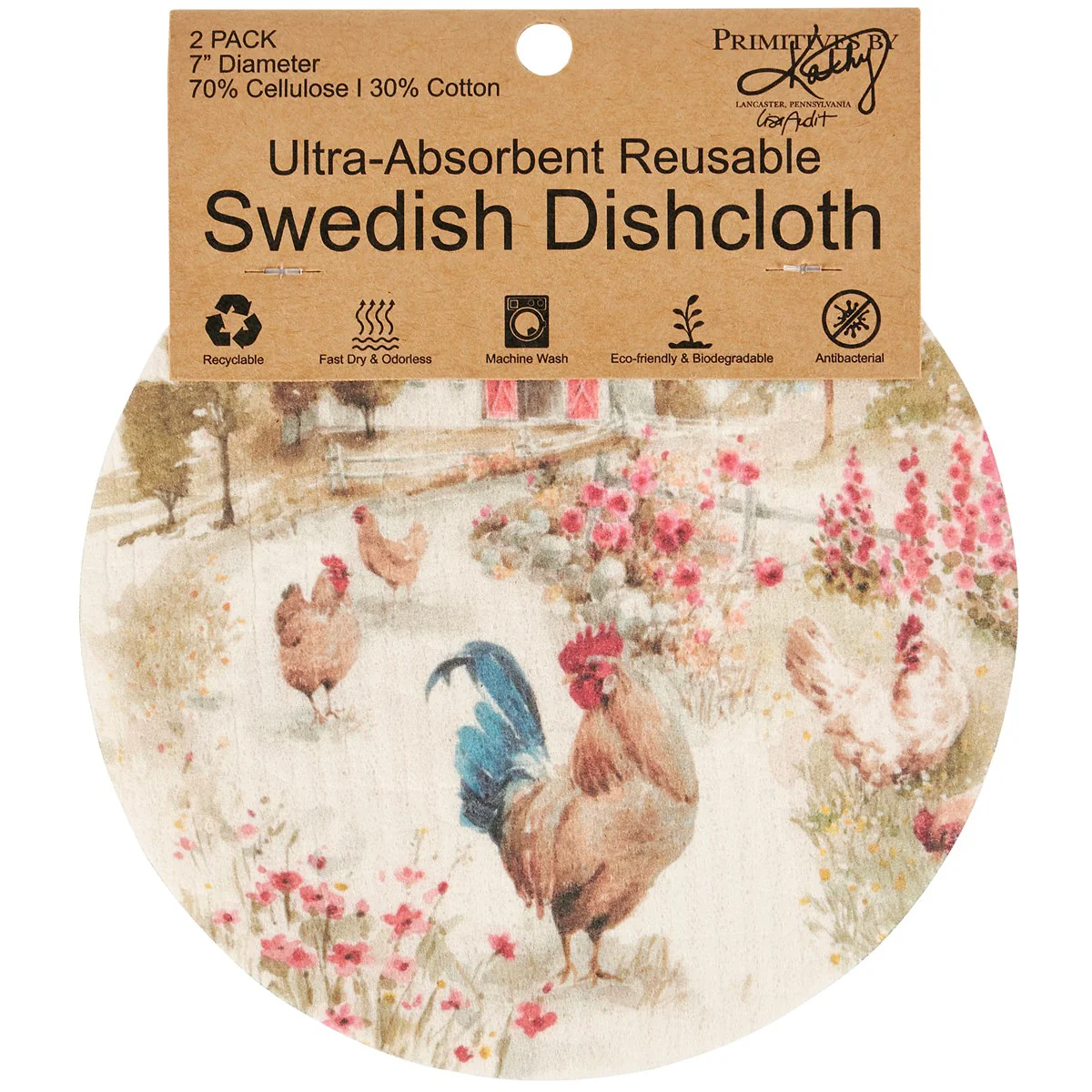 💙 Rooster and Floral Round Swedish Dishcloth Set - Image 5